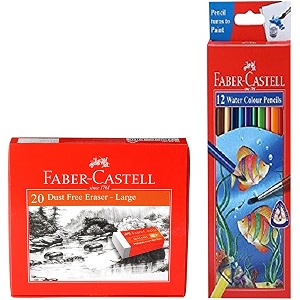 faber-castell water color pencils with paint brush - pack of 12 assorted dust-free erasers - large pack of 20 white