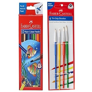 faber-castell water color pencils with paint brush - pack of 12 assorted tri-grip brush - round pack of 4 assorted