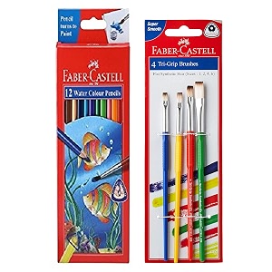 faber-castell water color pencils with paint brush - pack of 12 assorted tri-grip brush - flat pack of 4 assorted