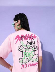 fabflee printed typography women round neck pink t-shirt
