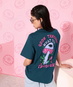 fabflee printed typography women round neck green t-shirt