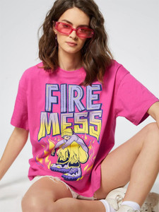 fabflee printed typography women round neck pink t-shirt