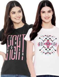 fabflee printed women round neck multicolor t-shirt