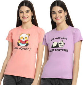 Fabflee Printed Women Round Neck Multicolor T-Shirt