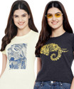 Fabflee Pack of 2 Women Printed Round Neck Pure Cotton Multicolor T-Shirt
