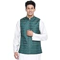 Fabindia Green Viscose Blend Striped Nehru Jacket