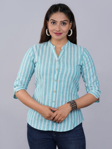 FABISHO Women Striped Casual Light Blue Shirt
