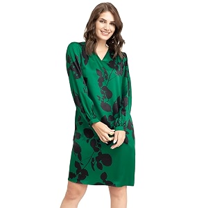 FableStreet Womens V-Neck Green Satin Floral Dress