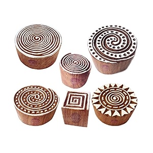fabric print stamps handcarved swirl round shape wooden blocks set of 6