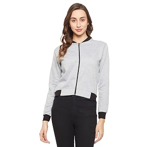 fabricorn solid grey melange stylish sweatshirt zipper jacket for women grey melange