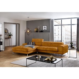 fabrique hembrella 4 seater l-shaped suede fabric sofa set  modern luxurious amp comfortable furniture for home office guests amp living room  stainless steel legs for easy move  dark yellow rhs