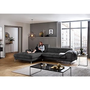 fabrique hembrella 4 seater l-shaped suede fabric sofa set  modern luxurious amp comfortable furniture for home office guests amp living room  stainless steel legs for easy move  pebble grey rhs