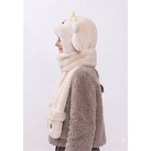 fabseasons 3-in-1 cute animal plush hooded cap scarf and mittens set  flap ear moving winter warm hat with functional pockets for women and girls