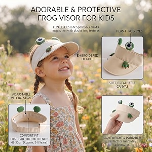 fabseasons kids cute frog sun visor hat - adorable 3d cartoon amphibian open-top adjustable summer beach cap with breathable cotton canvas for boys amp girls ages 2-5