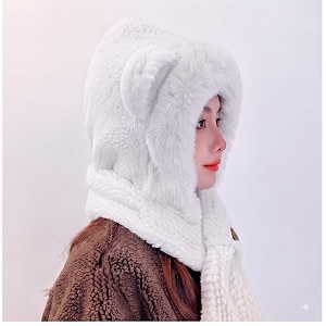 fabseasons women39s faux fur hooded scarf with cute bear ears  thick warm winter hood hat with integrated scarf plush fleece lined cold weather outdoor gear