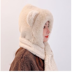fabseasons women39s faux fur hooded scarf with cute bear ears  thick warm winter hood hat with integrated scarf plush fleece lined cold weather outdoor gear
