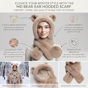 fabseasons women39s faux fur hooded scarf with cute bear ears  thick warm winter hood hat with integrated scarf plush fleece lined cold weather outdoor gear