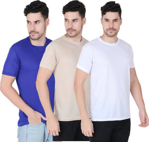 FABSHORE Solid Men Round Neck Blue Beige