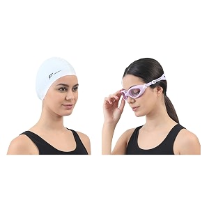fabsports adjustable swim goggles and unisex silicone swim cap combo - anti-fog anti-uv leakproof swim cap for men women boys girls and kids - fits for all hair types and ages 10