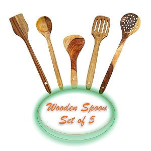 fabulo wooden handmade non stick serving spoon set - wood spoonsspatula for cooking - kitchen tools - set of 5 brown