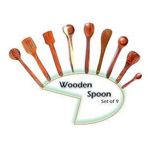 fabulo wooden handmade non stick serving spoon set - wood spoonsspatula for cooking - kitchen tools - set of 9