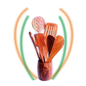 fabulo wooden handmade non stick serving spoon set with holderstand - wood spoonsspatula for cooking - kitchen tools with barrel holder - set of 6