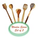 FABULO Wooden Handmade Non Stick Serving Spoon Set - Wood Spoons/Spatula for Cooking - Kitchen Tools - Set of 5, Brown