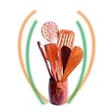 FABULO Wooden Handmade Non Stick Serving Spoon Set with Holder/Stand - Wood Spoons/Spatula for Cooking - Kitchen Tools with Barrel Holder - Set of 6