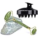 Facial Massager Jade Roller &amp; Gua Sha Tool Natural Himalayan Stone for Face Neck Healing Skin Wrinkles &amp; Serum Application + Scalp Massager Shampoo Brush, Eco-friendly Wheat Straw body with Soft Silicon Bristles, Hair