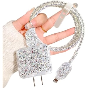 factotech protective charging case for iphone 111213141516pro maxfor 18w20w charger and charging cablehave durable cable sleeve -silver shimmer