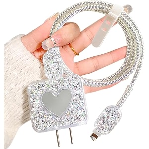 factotech protective charging case for iphone 111213141516pro maxfor 18w20w charger and charging cablehave durable cable sleeve -silver heart shimmer
