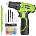 FADAKWALT Cordless Drill Set,12V Power Drill Set with Battery and Charger, Electric Driver/Drill Bits, 3/8'' Keyless Chuck,21+1 Torque Setting, 180 inch-lbs, with LED Electric Drill Set (Green)