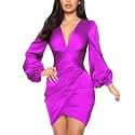 FairyLove Women's Elegant Empire Waist Long Sleeve Wedding Guest Party Cocktail Bodycon Irregular Satin Dresses