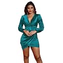 FairyLove Women's Elegant Empire Waist Long Sleeve Wedding Guest Party Cocktail Bodycon Irregular Satin Dresses