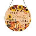 Faith Family Fall Front Door Sign Fall Sunflower Pumpkin Door Decorations Wood Sign Autumn Harvest Wreath Door Hanger Farmhouse Fall Plaques Wall Hanging Decoration for Home Proch Yard 12"x12"
