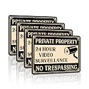 Faittoo Private Property No Trespassing Sign, Video Surveillance Signs Outdoor, 4-Pack 10 x 7 Inch Reflective Aluminum Warning Sign for Home Business Security Camera, Weather/Fade Resistant