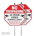 Faittoo No Trespassing Signs Private Property with 42" Stake for Outside, 2-Pack 10"x10" Video Surveillance Sign, Rust Free Aluminum, Reflective, 2 Pre-drilled Holes, Includes Matching Screws & Wren