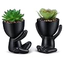 Fake Succulent, Mini Succulents Plants Artificial in Black Modern Human Shaped Ceramic Pots Desk Decor Desk Plant for Office Decor for Women, Cute Fake Plants Bathroom Decor 2PCS