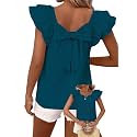 Falechay Womens Bow Tie Back Tops Babydoll Vneck Ruffle Short Sleeve Shirts