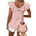 Falechay Womens Bow Tie Back Tops Babydoll Vneck Ruffle Short Sleeve Shirts