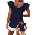 Falechay Womens Bow Tie Back Tops Babydoll Vneck Ruffle Short Sleeve Shirts