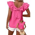 Falechay Womens Bow Tie Back Tops Babydoll Vneck Ruffle Short Sleeve Shirts