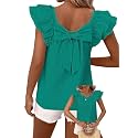 Falechay Womens Bow Tie Back Tops Babydoll Vneck Ruffle Short Sleeve Shirts