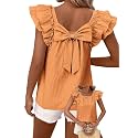 Falechay Womens Bow Tie Back Tops Babydoll Vneck Ruffle Short Sleeve Shirts