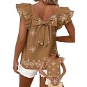 Falechay Womens Bow Tie Back Tops Babydoll Vneck Ruffle Short Sleeve Shirts