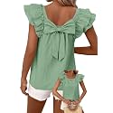 Falechay Womens Bow Tie Back Tops Babydoll Vneck Ruffle Short Sleeve Shirts