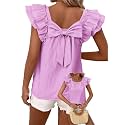 Falechay Womens Bow Tie Back Tops Babydoll Vneck Ruffle Short Sleeve Shirts