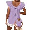 Falechay Womens Bow Tie Back Tops Babydoll Vneck Ruffle Short Sleeve Shirts