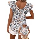 Falechay Womens Bow Tie Back Tops Babydoll Vneck Ruffle Short Sleeve Shirts