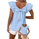 Falechay Womens Bow Tie Back Tops Babydoll Vneck Ruffle Short Sleeve Shirts
